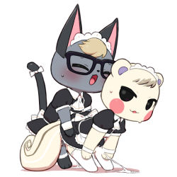 Rule 34 | 2boys, animal crossing, animal ears, apron, ascot, bent over, black-framed eyewear, black dress, blonde hair, blush, blush stickers, bow, cat boy, cat ears, cat tail, censored, crossdressing, cum, cum string, dress, closed eyes, furry, furry male, furry with furry, glasses, maid, maid apron, maid headdress, male focus, marshal (animal crossing), multiple boys, nintendo, open mouth, penis, raymond (animal crossing), senzoc, sex, simple background, squirrel boy, squirrel ears, standing, standing sex, sweat, tail, tail bow, tail ornament, thighhighs, trap, white background, white bow, white neckwear, yaoi