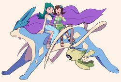 Rule 34 | 2girls, :d, bare shoulders, blue dress, blue flower, blush, brown footwear, brown hair, celebi, closed eyes, closed mouth, commentary request, creatures (company), detached sleeves, dress, eyelashes, flower, game freak, gen 2 pokemon, green eyes, green hair, hair flower, hair ornament, hand up, happy, highres, kris (pokemon), kris (sygna suit) (pokemon), legendary pokemon, long hair, lyra (pokemon), lyra (sygna suit) (pokemon), multiple girls, mythical pokemon, nintendo, official alternate costume, open mouth, pokemon, pokemon masters ex, riding, riding pokemon, sandals, sitting, smile, suicune, toes, tongue, tyako 089, white footwear