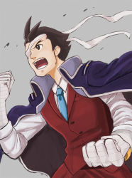 Rule 34 | 1boy, ace attorney, ahoge, angry, apollo justice, bad id, bad pixiv id, bandage over one eye, bandages, black eyes, black hair, blue necktie, capcom, clenched hand, clenched hands, eyepatch, grey background, jacket, jacket on shoulders, male focus, necktie, open mouth, pants, phoenix wright: ace attorney - dual destinies, solo, zawadoron