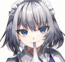 Rule 34 | 1girl, alternate hairstyle, blue eyes, blurry, braid, depth of field, eye focus, grey background, hair between eyes, highres, izayoi sakuya, looking at viewer, maguri rei, maid headdress, mouth hold, portrait, short hair, silver hair, simple background, solo, touhou, white background