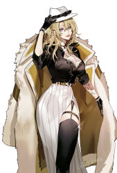 Rule 34 | 1girl, belt, black gloves, black shirt, black thighhighs, blonde hair, breasts, chest tattoo, cleavage, coat, coat on shoulders, commentary, english commentary, fedora, genderswap, genderswap (mtf), gloves, hat, highres, jewelry, kanishiima, large breasts, long hair, long skirt, luca kaneshiro, lucy kaneshiro, necklace, nijisanji, nijisanji en, open clothes, open coat, purple eyes, red lips, shirt, short sidetail, side slit, simple background, skirt, solo, tattoo, thighhighs, virtual youtuber, white background, white coat, white hat, white skirt