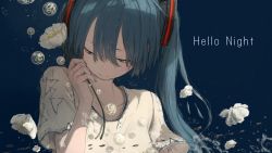 Rule 34 | 1girl, air bubble, blouse, blue eyes, blue hair, bubble, closed mouth, flower, hair between eyes, half-closed eyes, hatsune miku, highres, holding, holding flower, light smile, long hair, looking down, shirt, short sleeves, solo, twintails, underwater, upper body, vocaloid, white flower, white shirt, yukima (yushika)