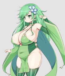 Rule 34 | 1girl, aged up, blush, breasts, cape, cleavage, closed mouth, detached sleeves, earrings, final fantasy, final fantasy iv, green eyes, green hair, hair ornament, highres, huge breasts, jewelry, long hair, plump, rydia (ff4), sawati, simple background, smile, solo, thick thighs, thighhighs, thighs