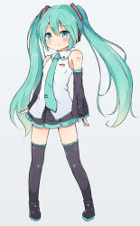 Rule 34 | 1girl, bare shoulders, black footwear, black skirt, black sleeves, black thighhighs, blouse, blush, boots, closed mouth, collared shirt, commentary request, derivative work, detached sleeves, full body, green eyes, green hair, green necktie, grey background, hair between eyes, hair ornament, hatsune miku, headphones, highres, long hair, long sleeves, looking at viewer, necktie, nekono rin, number tattoo, pleated skirt, shirt, shoulder tattoo, simple background, skirt, sleeveless, sleeveless shirt, sleeves past wrists, smile, solo, standing, tattoo, thighhighs, tie clip, twintails, very long hair, vocaloid, white shirt, wide sleeves, zettai ryouiki