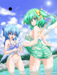 Rule 34 | 2girls, ass, blue eyes, blue hair, blush, breasts, cirno, cleavage, cloud, covered erect nipples, daiyousei, day, fairy wings, green hair, ice, ice wings, kirisawa tokito, large breasts, looking at viewer, looking back, multiple girls, navel, open mouth, panties, partially submerged, rumia, rumia (darkness), see-through, sky, small breasts, striped clothes, striped panties, touhou, underwear, wet, wet clothes, wet panties, white panties, wings, wringing clothes