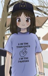 Rule 34 | 1girl, alternate costume, azumanga daiou, baseball cap, black hat, blue shirt, blush, brown eyes, brown hair, closed mouth, clothes writing, commentary, cyanide (watagimimi), day, dot nose, english text, hat, house, kasuga ayumu, long hair, looking at viewer, outdoors, parted bangs, shirt, short sleeves, smile, solo, straight-on, symbol-only commentary, t-shirt, tree, upper body
