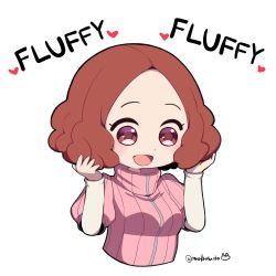 Rule 34 | 10s, 1girl, blush, brown eyes, brown hair, commentary request, do m kaeru, english text, fluffy, hands in hair, heart, okumura haru, open mouth, persona, persona 5, pink sweater, playing with own hair, ribbed sweater, short hair, smile, solo, sweater, twitter username