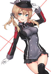 Rule 34 | 1girl, aqua eyes, black skirt, black thighhighs, blonde hair, blush, breasts, feet out of frame, gloves, grey hat, hair between eyes, hat, highres, kamidanomi, kantai collection, long hair, long sleeves, medium breasts, military, military hat, military uniform, miniskirt, open mouth, peaked cap, pleated skirt, prinz eugen (kancolle), skirt, smile, solo, thighhighs, uniform, white background, white gloves