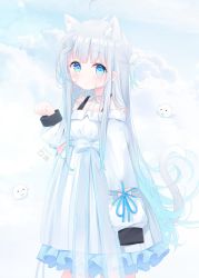 Rule 34 | 1girl, ahoge, amatsuka uto, animal ear fluff, animal ears, blue eyes, blue hair, blue sky, blush, bow, breasts, cat ears, cat girl, cat tail, closed mouth, cloud, cloudy sky, commentary request, day, deyui, dress, frilled dress, frills, gradient hair, hand up, highres, indie virtual youtuber, long hair, long sleeves, looking at viewer, multicolored hair, off-shoulder dress, off shoulder, outdoors, paw pose, puffy long sleeves, puffy sleeves, silver hair, sky, sleeves past fingers, sleeves past wrists, small breasts, solo, tail, two side up, very long hair, virtual youtuber, white bow, white dress, wing hair ornament