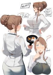 Rule 34 | 1girl, absurdres, apron, ass, blush, braid, breasts, brown hair, chef, crown braid, egg, finger in own mouth, girls&#039; frontline, grey eyes, hair bun, hand on own hip, highres, holding pan, kion-kun, large breasts, lee-enfield (girls&#039; frontline), open mouth, pants, sidelocks, simple background, white background, white pants
