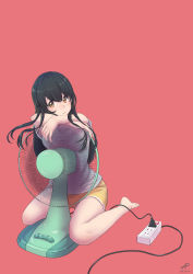 Rule 34 | 1girl, 2018, :t, absurdres, barefoot, black hair, brown eyes, cable, closed mouth, dated, electric fan, hair between eyes, highres, long hair, looking at viewer, original, pink background, power strip, reito (1755866), shirt, short sleeves, shorts, sitting, solo, white shirt, yellow shorts