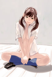 Rule 34 | 1girl, black footwear, blue socks, breasts, brown eyes, brown hair, collared shirt, commentary request, crossed legs, dress shirt, dytm, hands on legs, highres, indian style, kneehighs, long hair, looking at viewer, low twintails, medium breasts, naked shirt, on floor, open clothes, open shirt, original, shirt, shoes, sitting, smile, socks, solo, tsurime, twintails, white shirt