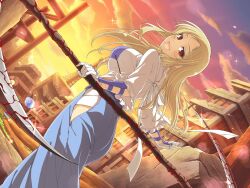 Rule 34 | 1girl, architecture, ass, blonde hair, blue flower, blush, breasts, broken glass, broken window, building, city, cloud, evening, flower, from behind, glass, hakama, japanese clothes, large breasts, long hair, looking at viewer, mole, mole under mouth, official alternate costume, official art, outdoors, petals, post-apocalypse, red eyes, rubble, ruins, scaffolding, senran kagura, senran kagura new link, senran kagura shinovi versus, shiki (senran kagura), sky, skyscraper, smile, solo, tokyo tower, yaegashi nan, yellow flower
