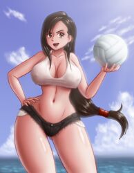 Rule 34 | 1girl, ball, black hair, black shorts, breasts, brown eyes, ear piercing, earrings, female focus, final fantasy, final fantasy vii, hand on own hip, holding, holding ball, jewelry, large breasts, long hair, piercing, saf-404, saf-404, saf-404, shirt, short shorts, shorts, solo, square enix, tank top, thighs, tifa lockhart, volleyball (object), white shirt, white tank top, wide hips
