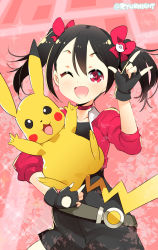 Rule 34 | 10s, 1girl, ;d, \m/, black hair, carrying, choker, commentary request, creatures (company), crossover, double \m/, female protagonist (pokemon go), fingerless gloves, game freak, gen 1 pokemon, gloves, hair ornament, highres, long hair, looking at viewer, love live!, love live! school idol project, naitou ryuu, nintendo, one eye closed, open mouth, pikachu, pokemon, pokemon (creature), pokemon go, red eyes, smile, twintails, yazawa nico