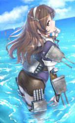 Rule 34 | 10s, 1girl, ashigara (kancolle), blush, brown eyes, brown hair, character check, gloves, hairband, hi-ho-, kantai collection, long hair, looking at viewer, looking back, ocean, solo, sparkle, standing, white gloves