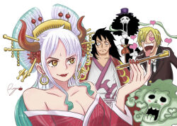 Rule 34 | 1girl, 3boys, afro, alternate costume, apple7apo, bare shoulders, black hair, blonde hair, breasts, brook (one piece), cleavage, closed mouth, dress, earrings, flower, hair flower, hair ornament, hat, horns, japanese clothes, jewelry, kouzuki momonosuke, lipstick, long hair, looking at another, makeup, multicolored hair, multiple boys, official alternate costume, oiran, one piece, oni, open mouth, outline, portrait, sanji (one piece), sanpaku, short hair, signature, simple background, smile, sweatdrop, tongue, tongue out, top hat, white background, white outline, yamato (one piece)