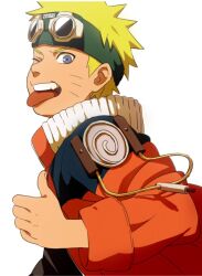 Rule 34 | 1boy, blonde hair, blue eyes, child, commentary request, cowboy shot, goggles, goggles on head, highres, looking at viewer, male focus, mannmaruu, naruto, naruto (series), one eye closed, simple background, solo, teeth, thumbs up, tongue, tongue out, upper body, upper teeth only, uzumaki naruto, white background