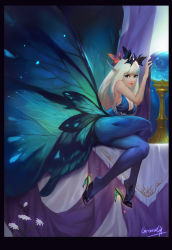 Rule 34 | 1girl, absurdres, bare shoulders, black border, blue eyes, blue hair, blue pantyhose, blunt bangs, border, breasts, bug, butterfly, butterfly hair ornament, butterfly wings, cleavage, crossed legs, crystal ball, eyeshadow, fairy, flower, foot dangle, from side, full body, grandia lee, hair ornament, high heels, highres, insect, insect wings, large breasts, lips, long hair, long legs, looking at viewer, low wings, makeup, mascara, matching hair/eyes, multicolored hair, nose, on table, original, pantyhose, pointy ears, print pantyhose, shoe dangle, sideboob, signature, sitting, sleeveless, solo, table, tablecloth, two-tone hair, white hair, wings