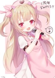 Rule 34 | &gt; &lt;, 1girl, :d, apron, armband, bandaged arm, bandages, blush, brown background, center frills, collared shirt, commentary request, eighth note, fang, fingernails, frills, hair ornament, hat, heart, highres, holding, holding microphone, kokone (coconeeeco), light brown hair, long hair, looking at viewer, microphone, musical note, nail polish, natori sana, nurse cap, open mouth, own hands together, pink apron, pink hat, pink nails, pleated skirt, puffy short sleeves, puffy sleeves, rabbit hair ornament, red eyes, sana channel, shirt, short sleeves, skirt, smile, solo, spoken musical note, translation request, two-tone background, two side up, very long hair, virtual youtuber, white background, white shirt, white skirt