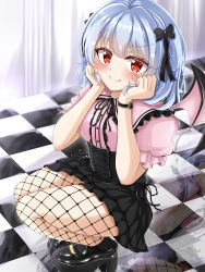 Rule 34 | 1girl, absurdres, alternate costume, bat wings, black bow, black footwear, black skirt, blue hair, bow, checkered floor, closed mouth, doyagao, fishnet pantyhose, fishnets, full body, hair bow, hands on own face, high heels, highres, indoors, light blue hair, looking at viewer, pantyhose, pink shirt, red eyes, reflective floor, reijing etrn, remilia scarlet, shirt, short hair, short sleeves, skirt, smug, solo, squatting, thighs, touhou, wings