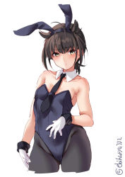 Rule 34 | 1girl, animal ears, bare shoulders, blush, breasts, brown hair, collar, collarbone, cowboy shot, detached collar, ebifurya, fake animal ears, gloves, hair flaps, hatsuzuki (kancolle), highres, kantai collection, leotard, looking at viewer, necktie, pantyhose, playboy bunny, rabbit ears, short hair, simple background, small breasts, solo, strapless, twitter username, white background, white gloves, wrist cuffs, yellow eyes