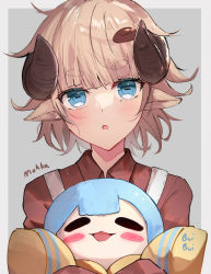 Rule 34 | 1girl, animal ears, blue eyes, blunt bangs, blush, brown hair, brown shirt, collared shirt, curled horns, highres, holding, holding stuffed toy, horizontal pupils, horns, original, parted lips, shirt, shuuzo3, simple background, solo, stuffed toy, thick eyebrows, upper body