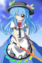 Rule 34 | 172cm, 1girl, blue hair, blush, bow, day, female focus, food, frills, fruit, hat, highres, hinanawi tenshi, leaf, long hair, long skirt, one eye closed, peach, red eyes, short sleeves, skirt, sky, smile, solo, sword, sword of hisou, touhou, very long hair, weapon, wink