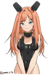 Rule 34 | 1girl, absurdres, black one-piece swimsuit, blue eyes, breasts, competition swimsuit, covered navel, cowboy shot, headgear, highleg, highleg swimsuit, highres, kantai collection, long hair, one-hour drawing challenge, one-piece swimsuit, orange hair, salmon (kancolle), simple background, small breasts, smile, solo, swimsuit, twitter username, v arms, white background, yamano rita