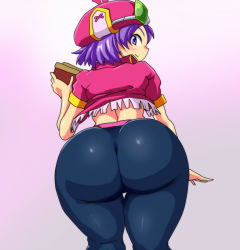 Rule 34 | 1girl, ass, blush, character request, copyright request, from behind, hat, huge ass, looking at viewer, looking back, pants, purple eyes, purple hair, rorri (higgy), shiny clothes, short hair, skin tight, smile, solo, tight clothes, tight pants