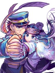 Rule 34 | 10s, 1boy, 1girl, ainu, ainu clothes, asirpa, bandana, black hair, blue eyes, cape, dancing, earrings, foreshortening, fur cape, golden kamuy, holding hands, hat, hoop earrings, jewelry, long hair, looking at viewer, military, military hat, military uniform, plaid, plaid scarf, red eyes, scar, scar on face, scarf, short hair, simple background, sugimoto saichi, uniform, upper body, white background, yama dorisan