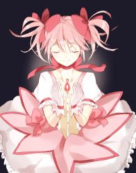 Rule 34 | 1girl, black background, bubble skirt, choker, closed eyes, commentary, cupping hands, flat chest, frilled skirt, frills, gloves, glowing, hair ribbon, kaname madoka, magical girl, mahou shoujo madoka magica, mahou shoujo madoka magica (anime), own hands together, pink hair, pink neckwear, pink ribbon, puffy short sleeves, puffy sleeves, ribbon, ribbon choker, short hair, short sleeves, short twintails, simple background, skirt, smile, solo, soul gem, standing, twintails, upper body, white gloves, yo-sa (13014948)