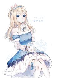 Rule 34 | 1girl, blonde hair, blue dress, blue eyes, blue hairband, closed mouth, detached collar, dress, fur trim, girls&#039; frontline, hair ornament, hairband, hand up, highres, long hair, long sleeves, looking at viewer, official alternate costume, ornament, simple background, sitting, snowflake hair ornament, solo, suomi (girls&#039; frontline), suomi (korvatunturi pixie) (girls&#039; frontline), thighhighs, white background, white thighhighs, windworker