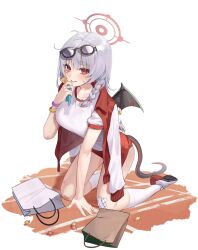 Rule 34 | 1girl, 1yu x, ahoge, all fours, bag, bandages, black wings, blue archive, blush, braid, breasts, buruma, demon wings, eyewear on head, full body, grey hair, grin, gym shirt, gym uniform, halo, haruna (blue archive), haruna (track) (blue archive), highres, jacket, jacket on shoulders, large breasts, long hair, looking at viewer, red buruma, red eyes, shirt, shopping bag, short sleeves, single wing, smile, solo, tail, track and field, track jacket, white shirt, wing ornament, wing piercing, wings