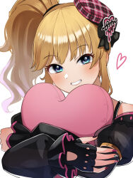 Rule 34 | 1girl, bare shoulders, black gloves, black nails, blonde hair, blue eyes, blush, detached sleeves, fingerless gloves, gloves, grin, heart, heart-shaped pillow, highres, hugging object, idolmaster, idolmaster cinderella girls, idolmaster cinderella girls starlight stage, juliet sleeves, long sleeves, multicolored hair, multicolored nails, nail polish, nito (ninjin), ohtsuki yui, pillow, pillow hug, pink hair, pink headwear, pink nails, ponytail, puffy sleeves, red nails, smile, teeth, two-tone hair