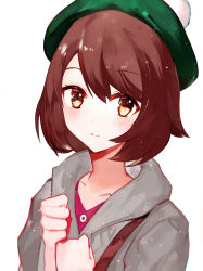 Rule 34 | 1girl, backpack, bag, blush, brown eyes, brown hair, commentary request, creatures (company), game freak, gloria (pokemon), green hat, grey jacket, hair between eyes, hat, highres, hood, hooded jacket, jacket, juexing (moemoe3345), looking at viewer, nintendo, pokemon, pokemon swsh, short hair, simple background, smile, solo, swept bangs, tam o&#039; shanter, upper body, white background