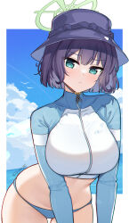 Rule 34 | 1girl, absurdres, bikini, bikini bottom only, blue archive, blue bikini, blue sky, blush, breasts, bucket hat, cloud, halo, hat, highres, large breasts, leaning forward, long sleeves, looking at viewer, nassss, official alternate costume, purple hair, raglan sleeves, rash guard, saki (blue archive), saki (swimsuit) (blue archive), short hair, simple bird, sky, solo, swimsuit, twitter username