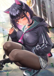 Rule 34 | 1girl, animal ears, black choker, black hair, black pantyhose, blue archive, blush, breasts, cat ears, choker, colored inner hair, green sailor collar, halo, highres, kawai (purplrpouni), kazusa (blue archive), large breasts, long sleeves, looking at viewer, multicolored hair, outdoors, pantyhose, parted lips, pink hair, pink halo, red eyes, sailor collar, shoes, short hair, solo, squatting, sunlight, thighs, uniform