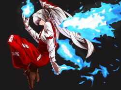 Rule 34 | 1girl, absurdres, black background, brown footwear, closed mouth, commentary request, fire, from side, fujiwara no mokou, full body, grey hair, highres, juliet sleeves, long hair, long sleeves, looking at viewer, ofuda, ofuda on clothes, pants, ponytail, puffy sleeves, red eyes, red pants, simple background, smile, solo, strong anus, suspenders, touhou