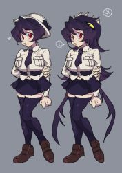 Rule 34 | 1girl, arms behind back, black hair, blush, contrapposto, filia (skullgirls), full body, hat, highres, long hair, looking at viewer, m39, multiple views, necktie, parted lips, pleated skirt, red eyes, samson (skullgirls), school uniform, skirt, skullgirls, solo, standing, thighhighs