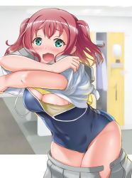 Rule 34 | 10s, 1girl, areola slip, blouse, blue one-piece swimsuit, blush, breasts, changing clothes, competition school swimsuit, covered navel, embarrassed, gonta (gshoutai), green eyes, grey skirt, highres, kurosawa ruby, looking at viewer, love live!, love live! sunshine!!, miniskirt, one-piece swimsuit, open mouth, pleated skirt, red hair, sailor collar, school swimsuit, school uniform, serafuku, shirt, short hair, skin tight, skirt, small breasts, solo, standing, summer uniform, swimsuit, two side up, uranohoshi school uniform, wardrobe malfunction, wavy mouth, white shirt