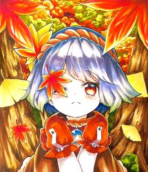 Rule 34 | 1girl, aged down, closed mouth, hair ornament, highres, leaf, leaf hair ornament, looking at viewer, maple leaf, outdoors, purple hair, red eyes, rope, shimenawa, short hair, short sleeves, solo, tatuhiro, touhou, tree, upper body, yasaka kanako