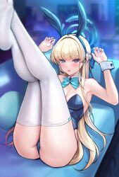 Rule 34 | 1girl, blonde hair, blue archive, blue eyes, blush, breasts, cleavage, fino ko, highres, long hair, medium breasts, nails, rabbit ears, solo, thighhighs, toki (blue archive), white thighhighs