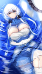 Rule 34 | 1girl, afloat, azur lane, bare shoulders, breasts, dress, elbow gloves, floating, floating hair, garter straps, gloves, hair ribbon, highres, huge breasts, illustrious (azur lane), kamizin, lace-trimmed headwear, lace trim, long hair, lying, mole, mole under eye, on back, partially submerged, ribbon, short hair, solo, strapless, strapless dress, thighhighs, tress ribbon, tri tails, water, white dress, white gloves, white hair, white headwear, white thighhighs