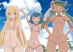 Rule 34 | 3girls, :d, ^ ^, armpits, arms at sides, arms up, bare arms, bare shoulders, bikini, blonde hair, blue bikini, blue hair, blue sky, braid, breasts, cameltoe, closed eyes, cloud, covered erect nipples, cowboy shot, creatures (company), dark-skinned female, dark skin, day, facing viewer, flower, game freak, green eyes, green hair, greyscale, hair flower, hair ornament, hairband, hands on own hips, headband, kswazza, lana (pokemon), lillie (pokemon), long hair, low twintails, mallow (pokemon), micro bikini, monochrome, multiple girls, navel, nintendo, open mouth, outdoors, partially visible vulva, pink bikini, pokemon, pokemon (anime), pokemon sm (anime), round teeth, short hair, sky, small breasts, smile, sparkle, standing, stomach, straight hair, swept bangs, swimsuit, teeth, twin braids, twintails, very long hair, white bikini, yellow hairband