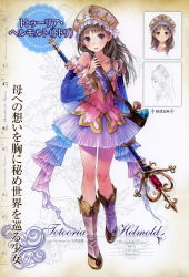 Rule 34 | 1girl, absurdres, atelier (series), atelier totori, bare shoulders, boots, brown eyes, brown hair, character name, crown, detached sleeves, female focus, flat chest, frills, full body, gem, highres, kishida mel, knee boots, legs, long hair, miniskirt, non-web source, official art, open mouth, parted bangs, pink footwear, pleated skirt, ribbon, simple background, skirt, smile, solo, staff, standing, totooria helmold, wide sleeves