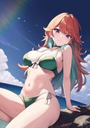Rule 34 | 1girl, absurdres, arm support, bare arms, bare shoulders, bikini, bird, blue sky, breasts, choker, cleavage, cloud, colored inner hair, commentary, day, earrings, english commentary, feather earrings, feathers, green bikini, green choker, green hair, highres, hololive, hololive english, horizon, jewelry, large breasts, light blush, long hair, looking at viewer, multicolored hair, navel, ocean, orange hair, outdoors, purple eyes, seagull, side-tie bikini bottom, signature, sitting, sky, smile, solo, stomach, sunlight, swimsuit, takanashi kiara, takanashi kiara (casual), thighs, virtual youtuber, water, zeiss