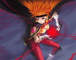 Rule 34 | 1girl, black cape, black headband, bodysuit, bra, bra over clothes, breasts, cape, floating hair, gloves, headband, lina inverse, long hair, magic, medium breasts, orange hair, panties, panties over clothes, red bodysuit, red eyes, slayers, solo, strapless, strapless bra, switchel, underwear, very long hair, white gloves, yellow bra, yellow panties