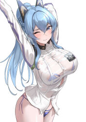 Rule 34 | 1girl, arms up, bikini, bikini under clothes, blue bikini, blue eyes, blue hair, blush, braid, breasts, closed mouth, cowboy shot, goddess of victory: nikke, hair between eyes, hair intakes, hatenoga, headgear, helm (aqua marine) (nikke), helm (nikke), large breasts, long hair, looking at viewer, official alternate costume, one eye closed, ponytail, see-through, see-through shirt, shirt, side-tie bikini bottom, simple background, solo, swimsuit, wet, wet clothes, wet shirt, white background, white shirt