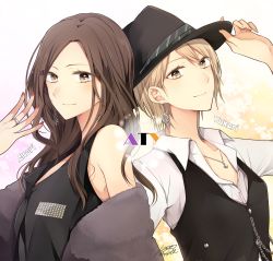 Rule 34 | 2girls, back-to-back, brown hair, character name, character request, commentary request, copyright request, earrings, fedora, haru (haru2079), hat, highres, jewelry, multiple girls, necktie, niconico, real life, ring, signature, smile, white hair